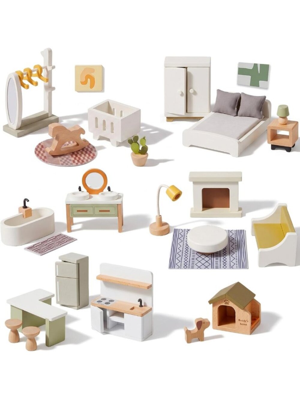 Modern Wooden Dollhouse Furniture Set - 33 PCS Playroom Accessories & Decor